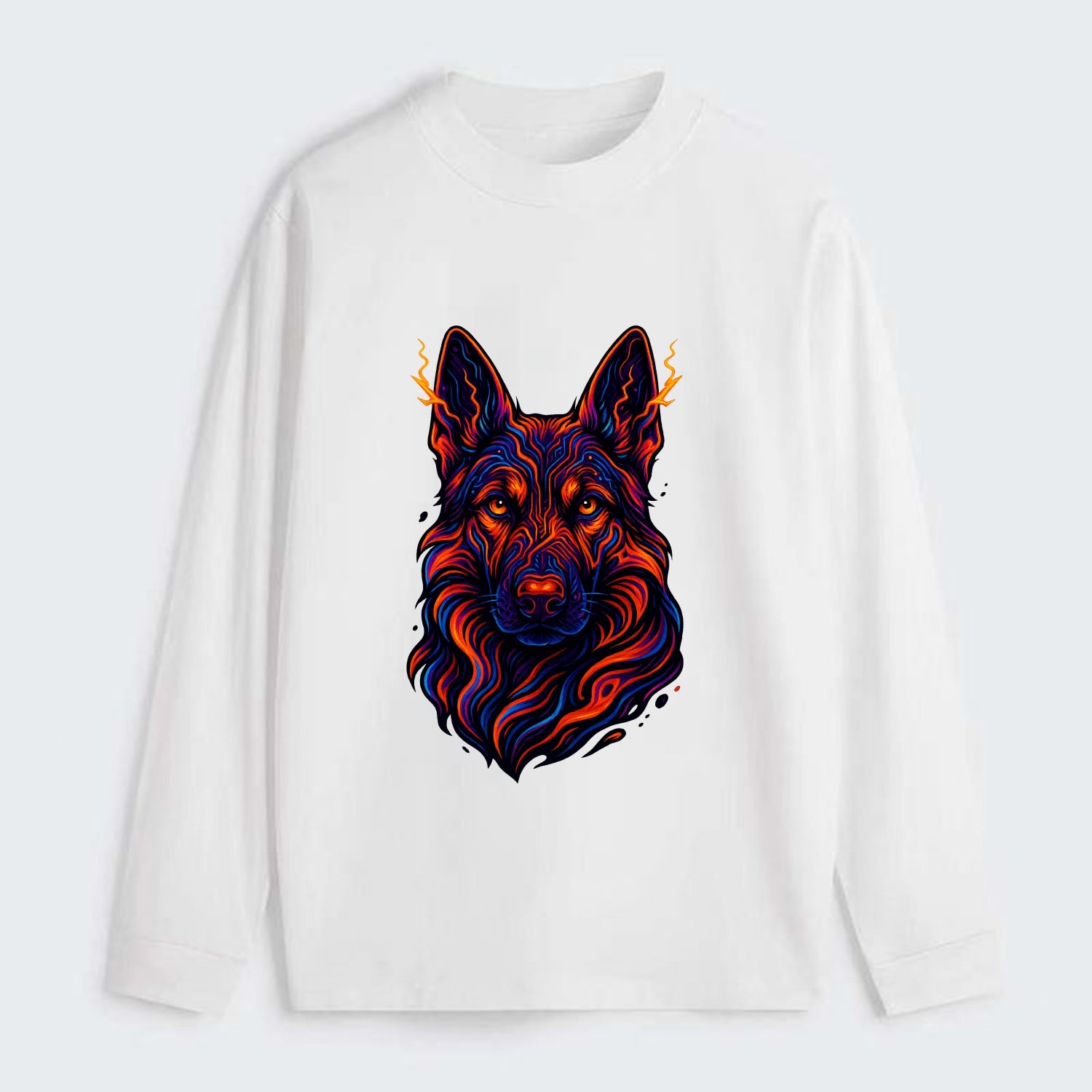 Alert German Shepherd with cyber circuit patterns in the fur, neon - Classic Long Sleeve Shirt - White