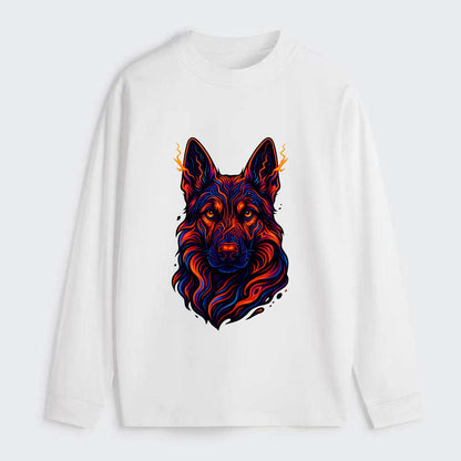 Alert German Shepherd with cyber circuit patterns in the fur, neon - Classic Long Sleeve Shirt - White