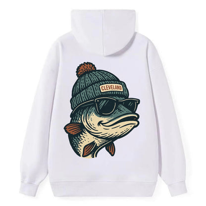 Cleveland Lake Erie Walleye wearing Cleveland beanie with pom pom and - Classic Pullover Hoodie - White