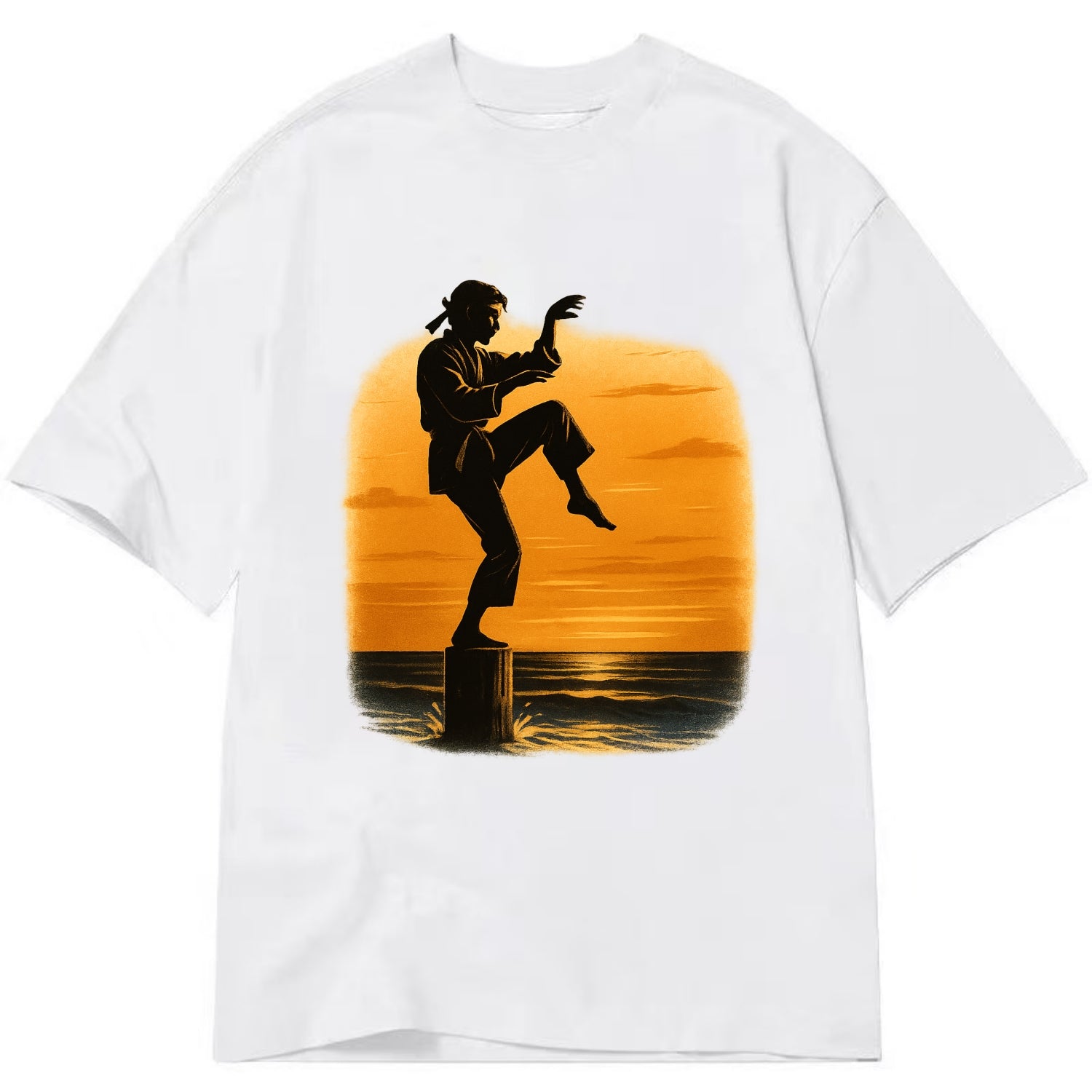 karate crane kick pose on wooden post at beach sunset - Classic T-shirt - White