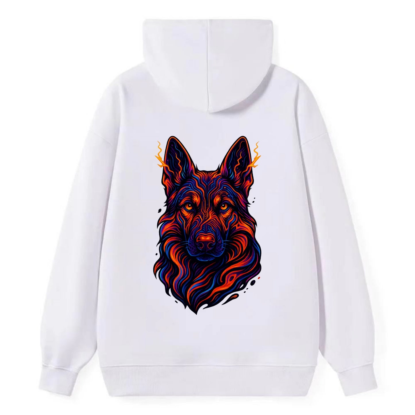 Alert German Shepherd with cyber circuit patterns in the fur, neon orange - Classic Pullover Hoodie - White