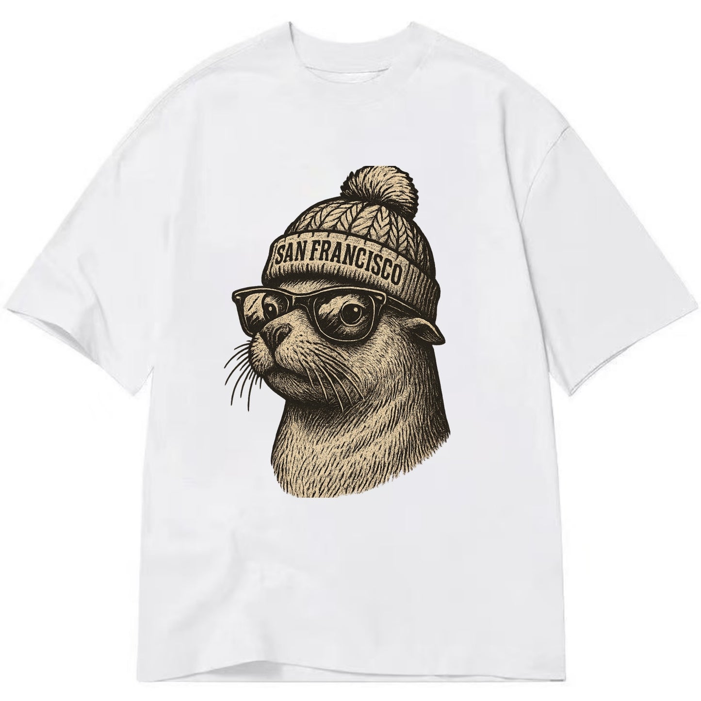 San Francisco Sea Lion wearing San Francisco beanie with pom pom and wayfarer - Classic T-shirt - White