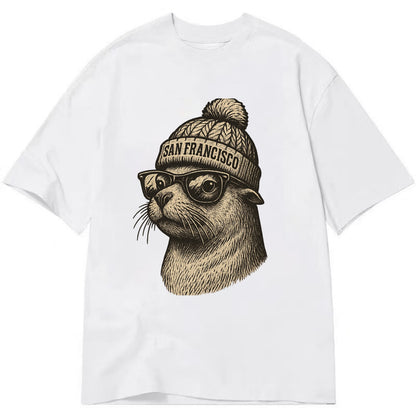 San Francisco Sea Lion wearing San Francisco beanie with pom pom and wayfarer - Classic T-shirt - White