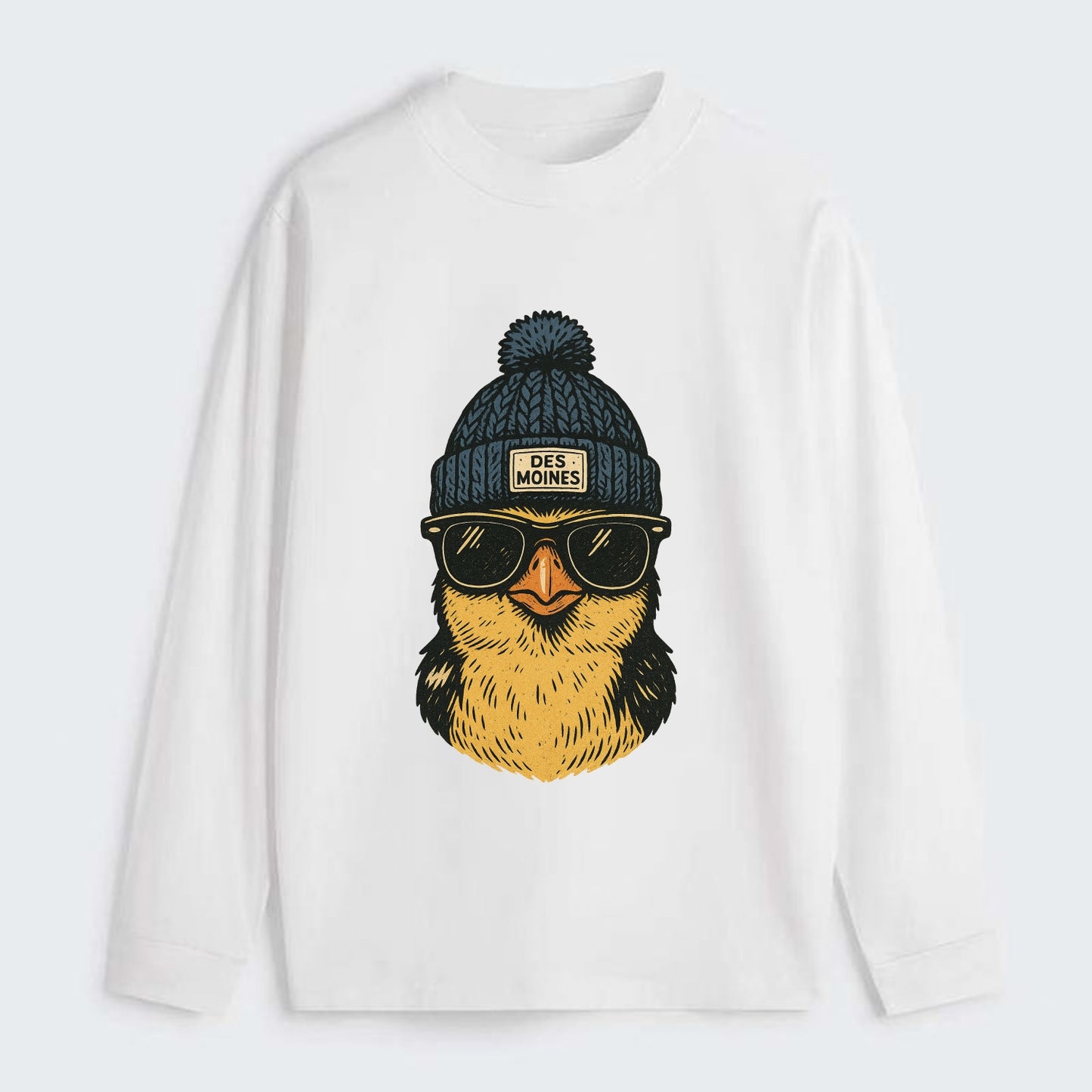 Iowa Goldfinch wearing Des Moines beanie with pom pom and wayfarer - Classic Long Sleeve Shirt - White
