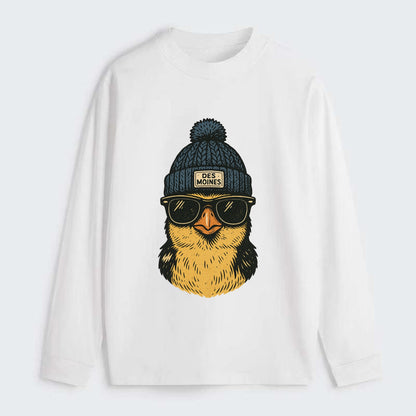 Iowa Goldfinch wearing Des Moines beanie with pom pom and wayfarer - Classic Long Sleeve Shirt - White