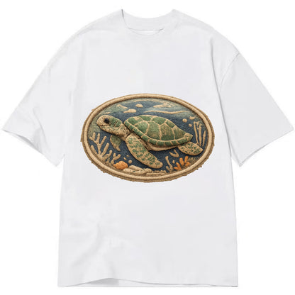 SEA TURTLE - swimming turtle in green and blue , ocean life - Classic T-shirt - White