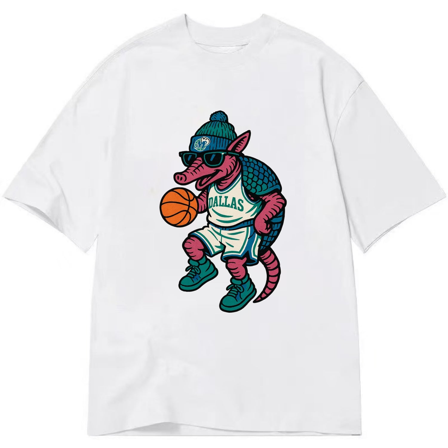 Dallas Armadillo wearing Mavericks beanie with cowboy hat patch and wayfarer - Classic T-shirt - White