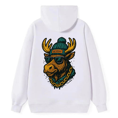 Alaska Moose wearing Anchorage beanie with pom pom and wayfarer sunglasses - Classic Pullover Hoodie - White