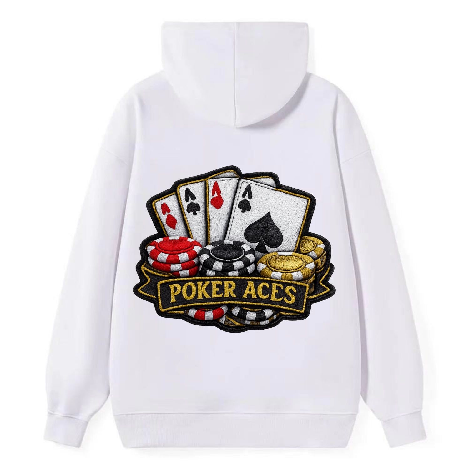 Embroidered patch design - POKER ACES - four aces with chips in red, - Classic Pullover Hoodie - White