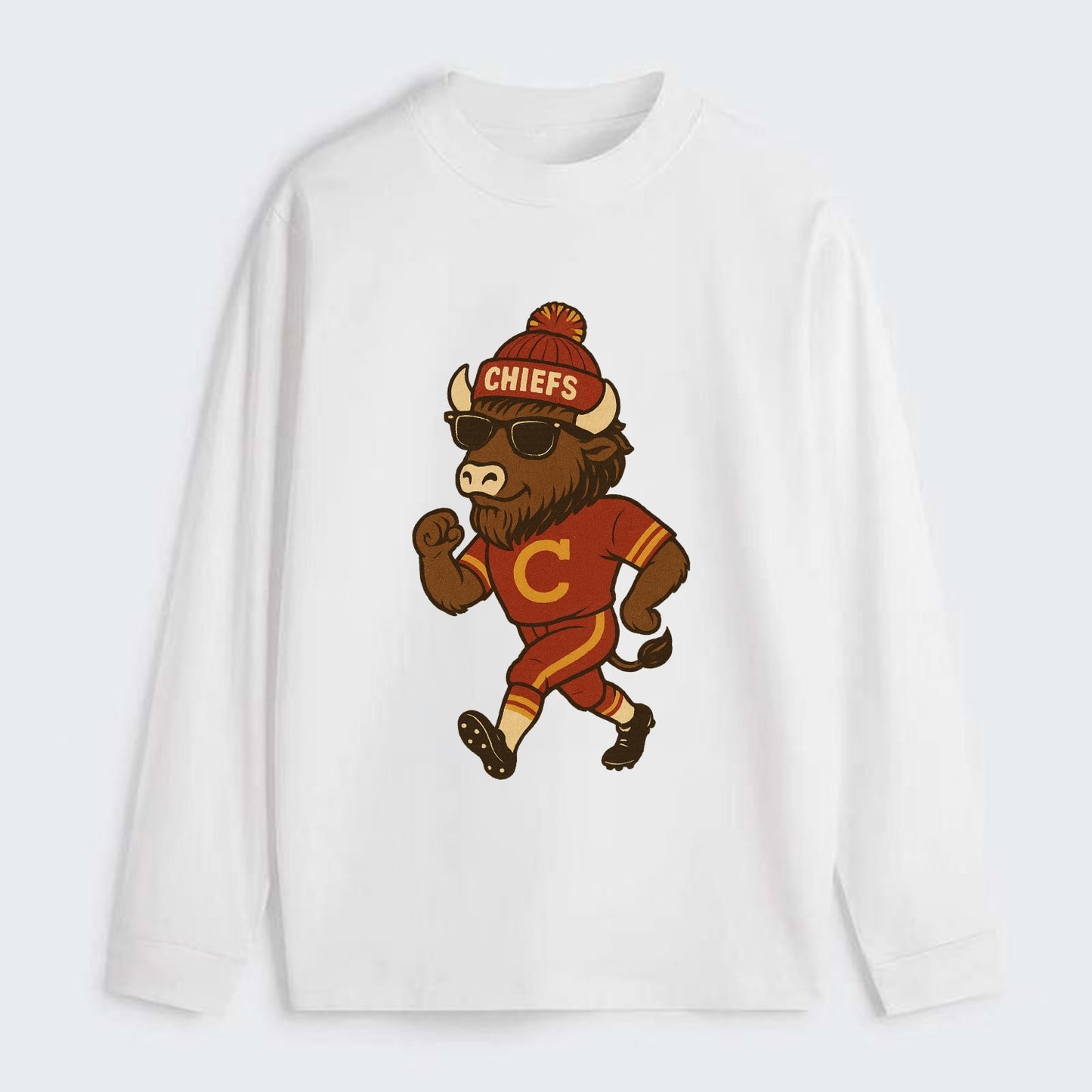 KC Bison wearing Chiefs beanie with arrowhead patch and wayfarer - Classic Long Sleeve Shirt - White