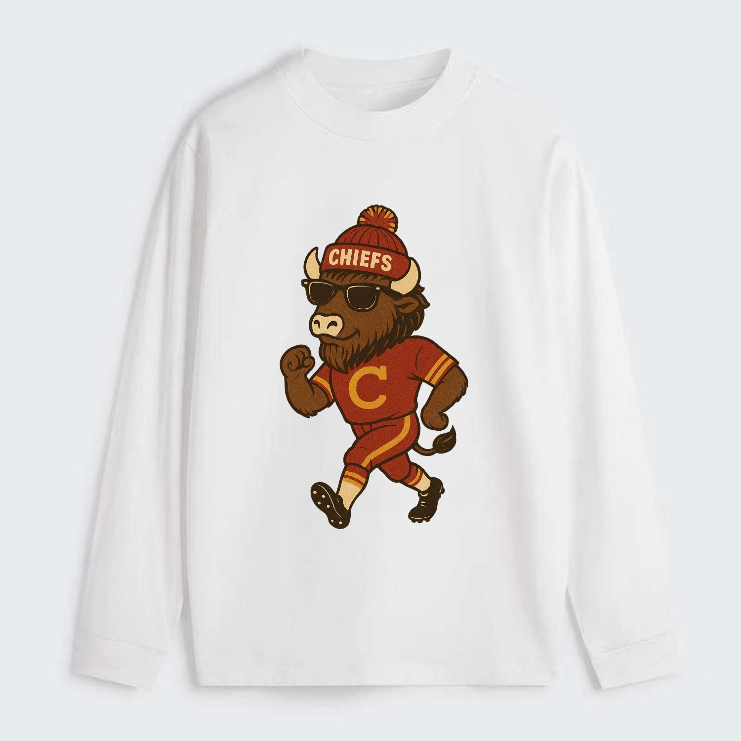 KC Bison wearing Chiefs beanie with arrowhead patch and wayfarer - Classic Long Sleeve Shirt - White