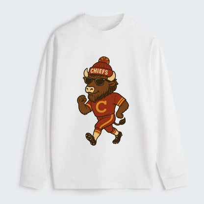 KC Bison wearing Chiefs beanie with arrowhead patch and wayfarer - Classic Long Sleeve Shirt - White