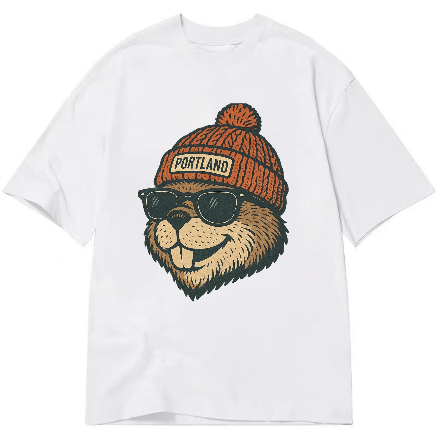 Oregon Beaver wearing Portland beanie with pom pom and wayfarer sunglasses - Classic T-shirt - White