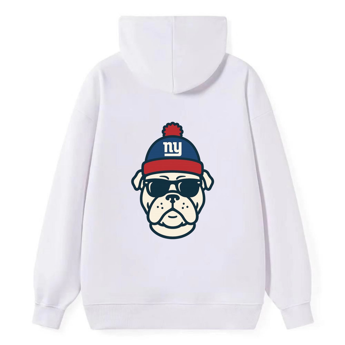 New York Bulldog wearing Giants blue and red beanie with pom pom and - Classic Pullover Hoodie - White