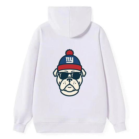 New York Bulldog wearing Giants blue and red beanie with pom pom and - Classic Pullover Hoodie - White