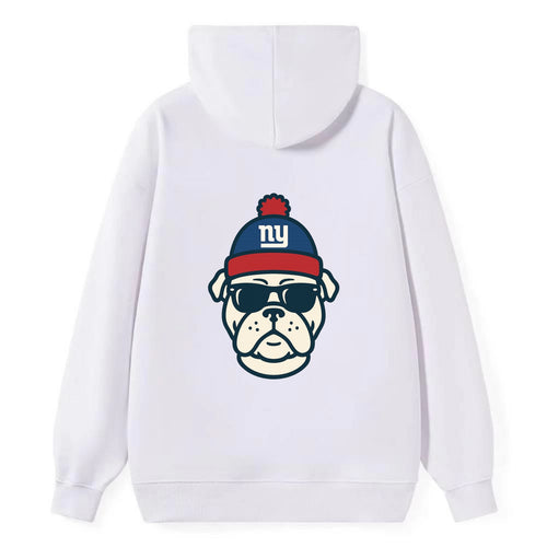 New York Bulldog wearing Giants blue and red beanie with pom pom and - Classic Pullover Hoodie