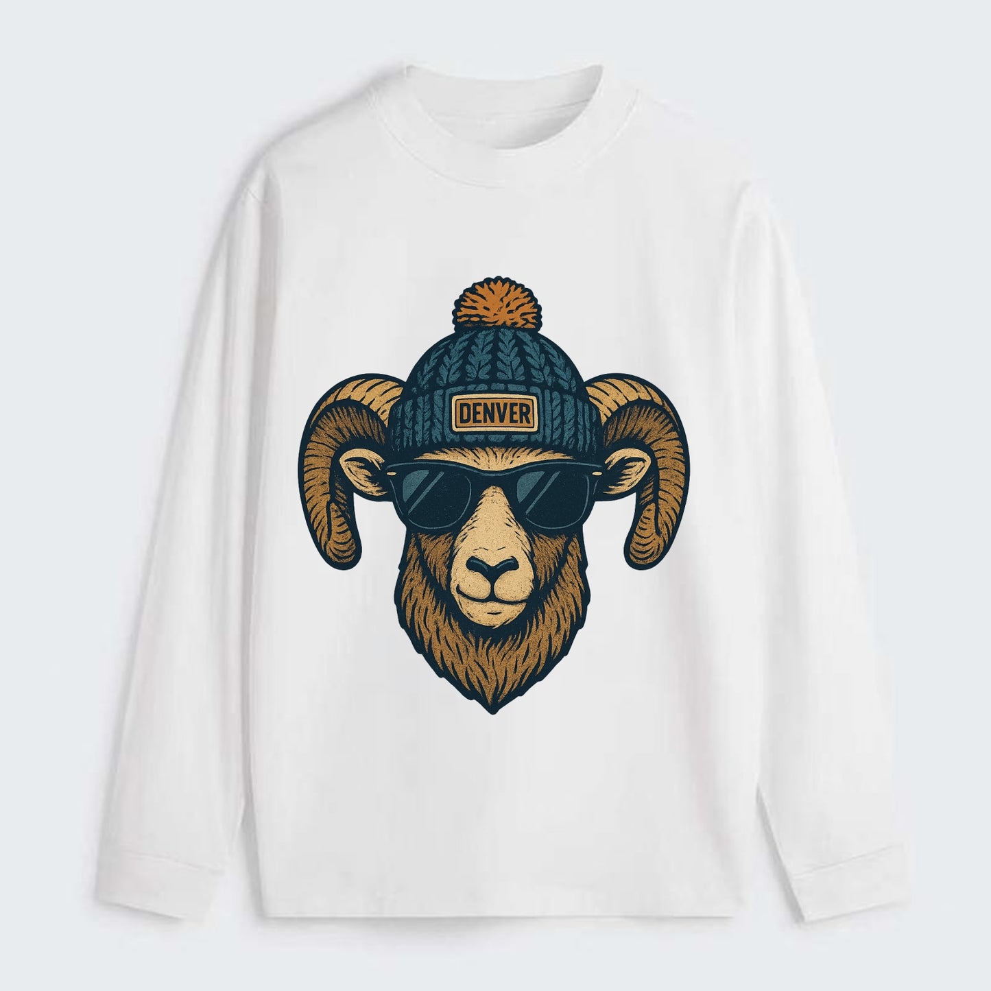 Colorado Rocky Mountain Bighorn Sheep wearing Denver beanie with pom - Classic Long Sleeve Shirt - White