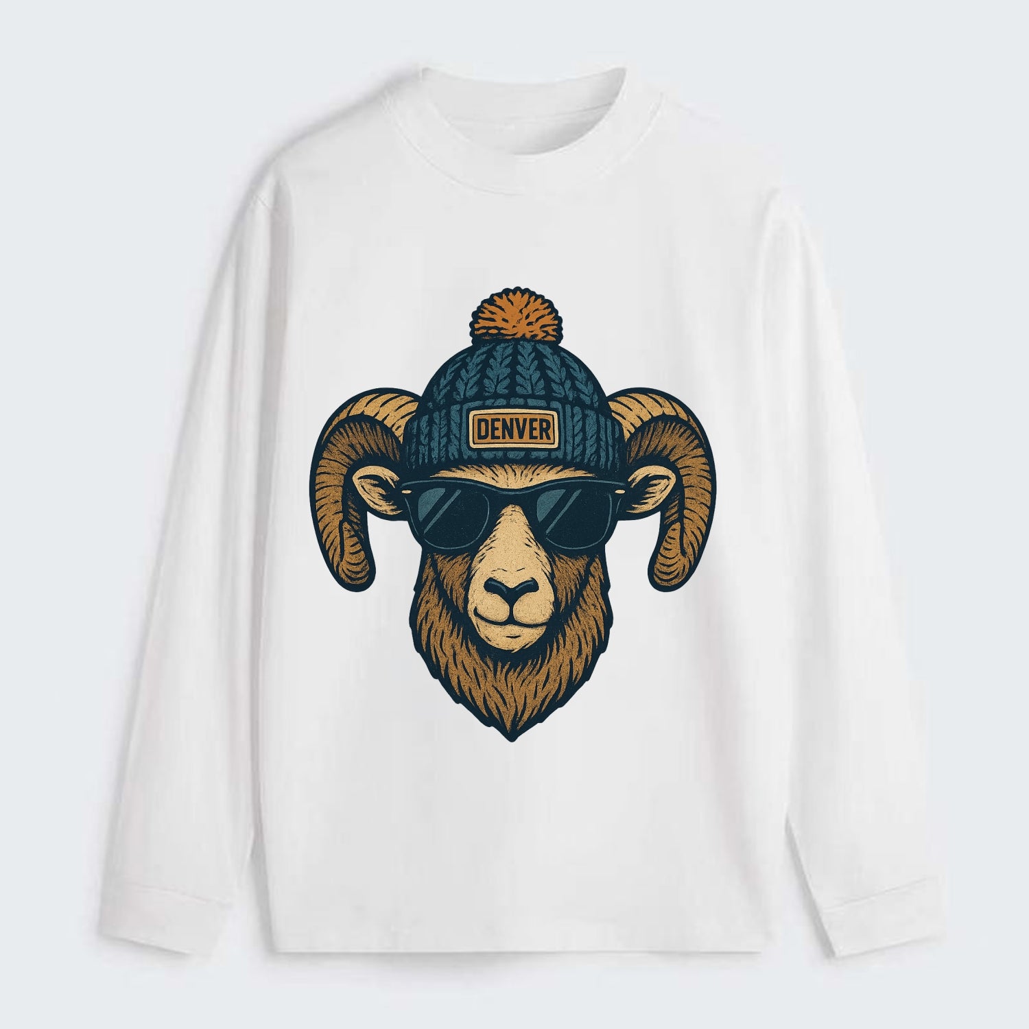 Colorado Rocky Mountain Bighorn Sheep wearing Denver beanie with pom - Classic Long Sleeve Shirt - White
