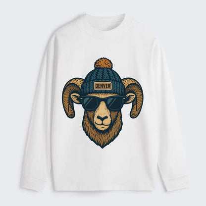 Colorado Rocky Mountain Bighorn Sheep wearing Denver beanie with pom - Classic Long Sleeve Shirt - White