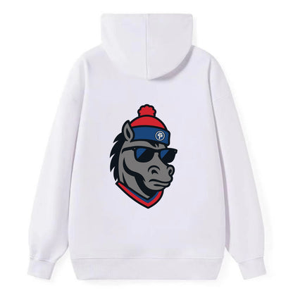 Detroit Stallion wearing Pistons red and blue beanie with piston patch - Classic Pullover Hoodie - White