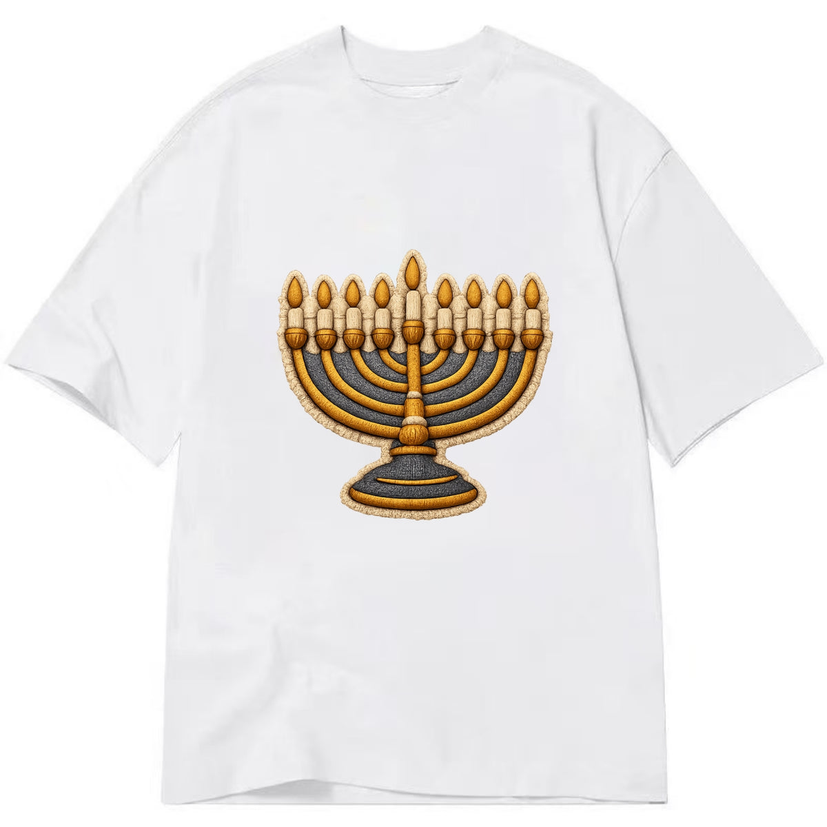 MENORAH LIGHTS - nine branch candelabra in gold and blue , Hanukkah - Classic T-shirt - White