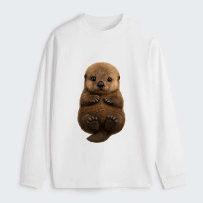 Baby Sea Otter - brown fluffy, floating on back, tiny paws, bright - Classic Long Sleeve Shirt - White