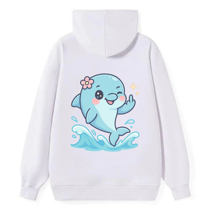 smiling dolphin jumping through ocean waves, one fin up with attitude - Classic Pullover Hoodie - White
