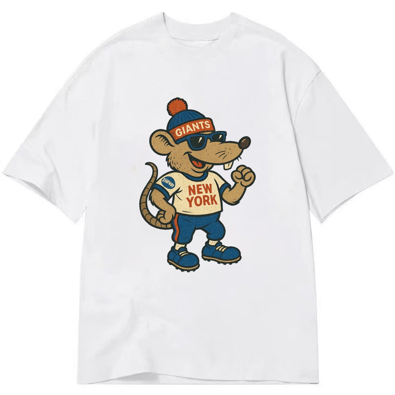 New York Rat wearing Giants beanie with subway patch and wayfarer sunglasses - Classic T-shirt - White