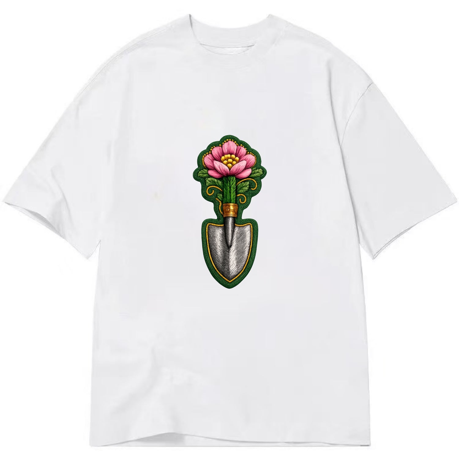 Embroidered patch design - GARDENING TROWEL FLOWER - garden tool with blooming - Classic T-shirt - White