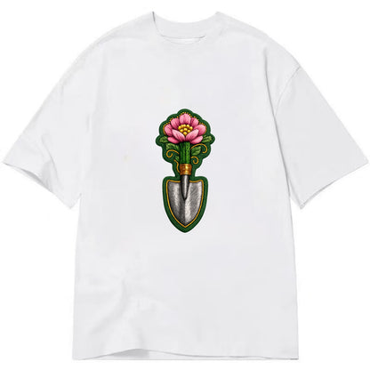 Embroidered patch design - GARDENING TROWEL FLOWER - garden tool with blooming - Classic T-shirt - White