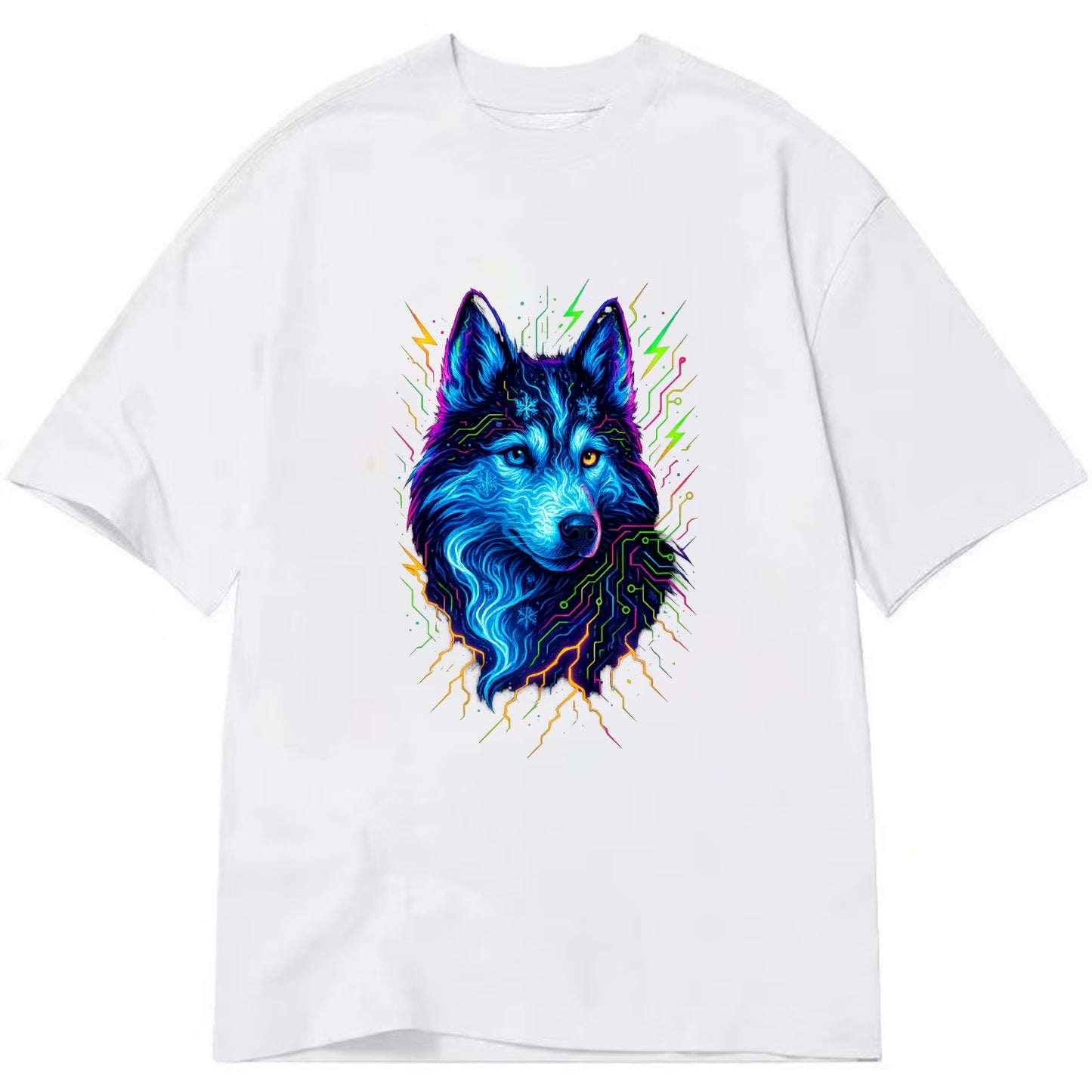 Siberian husky with ice-crystal flowing patterns, electric blue and white swirls, - Classic T-shirt - White