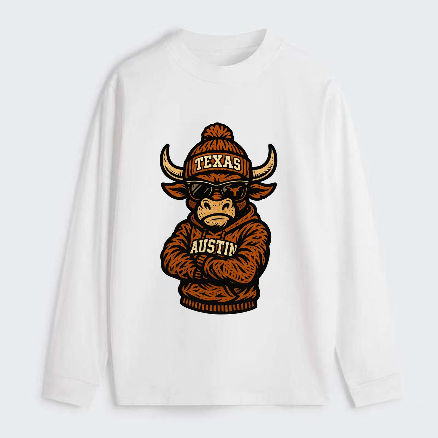 Austin Bevo wearing Texas beanie with longhorn patch - Classic Long Sleeve Shirt - White