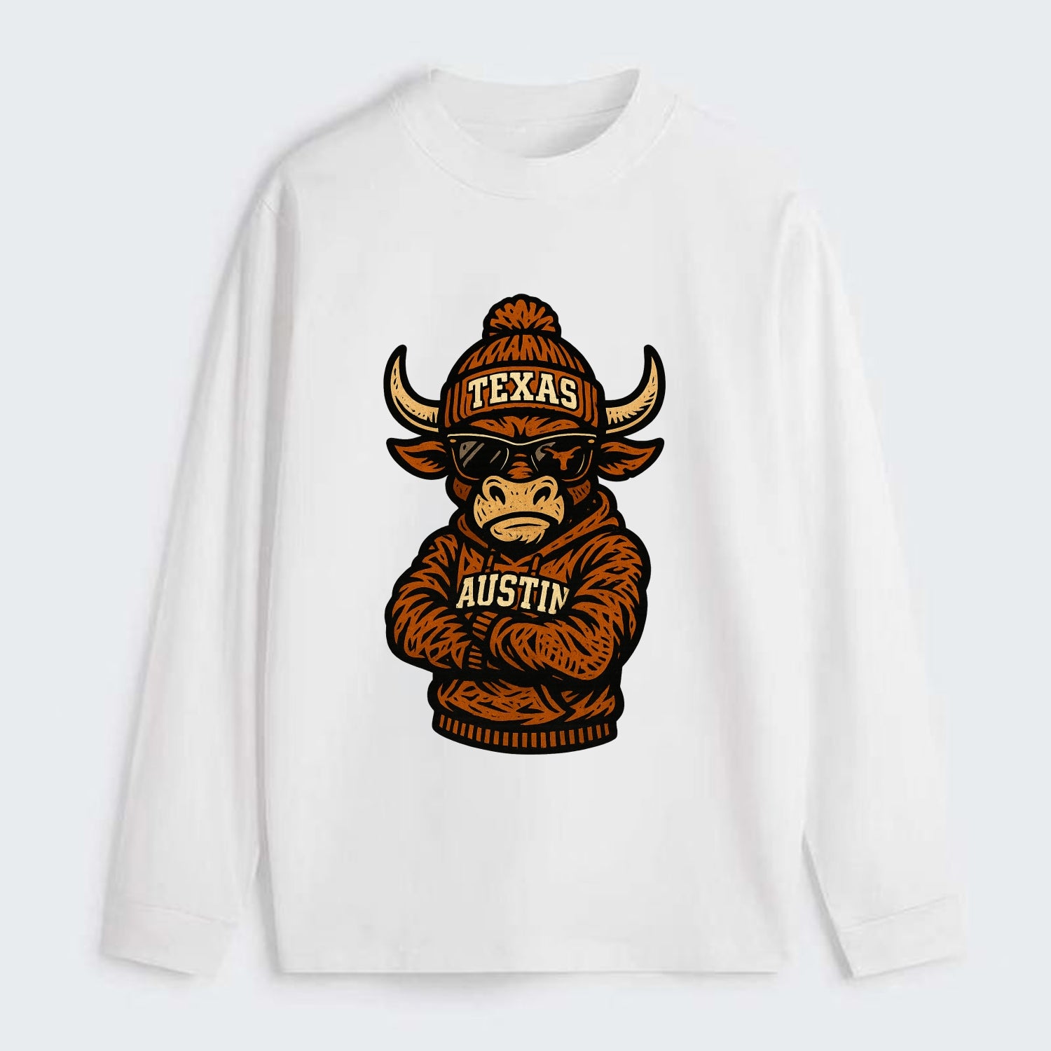 Austin Bevo wearing Texas beanie with longhorn patch - Classic Long Sleeve Shirt - White