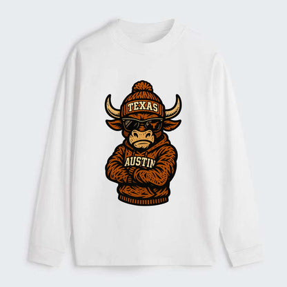 Austin Bevo wearing Texas beanie with longhorn patch - Classic Long Sleeve Shirt - White