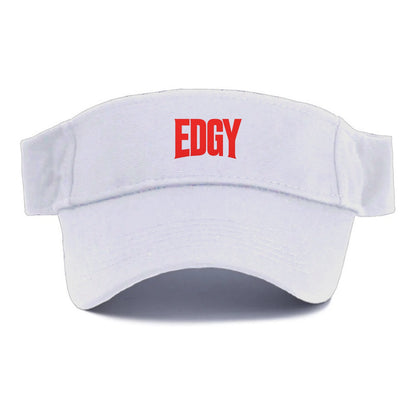 Bold typography design - "EDGY" - pushing boundaries, unconventional - Visor - White