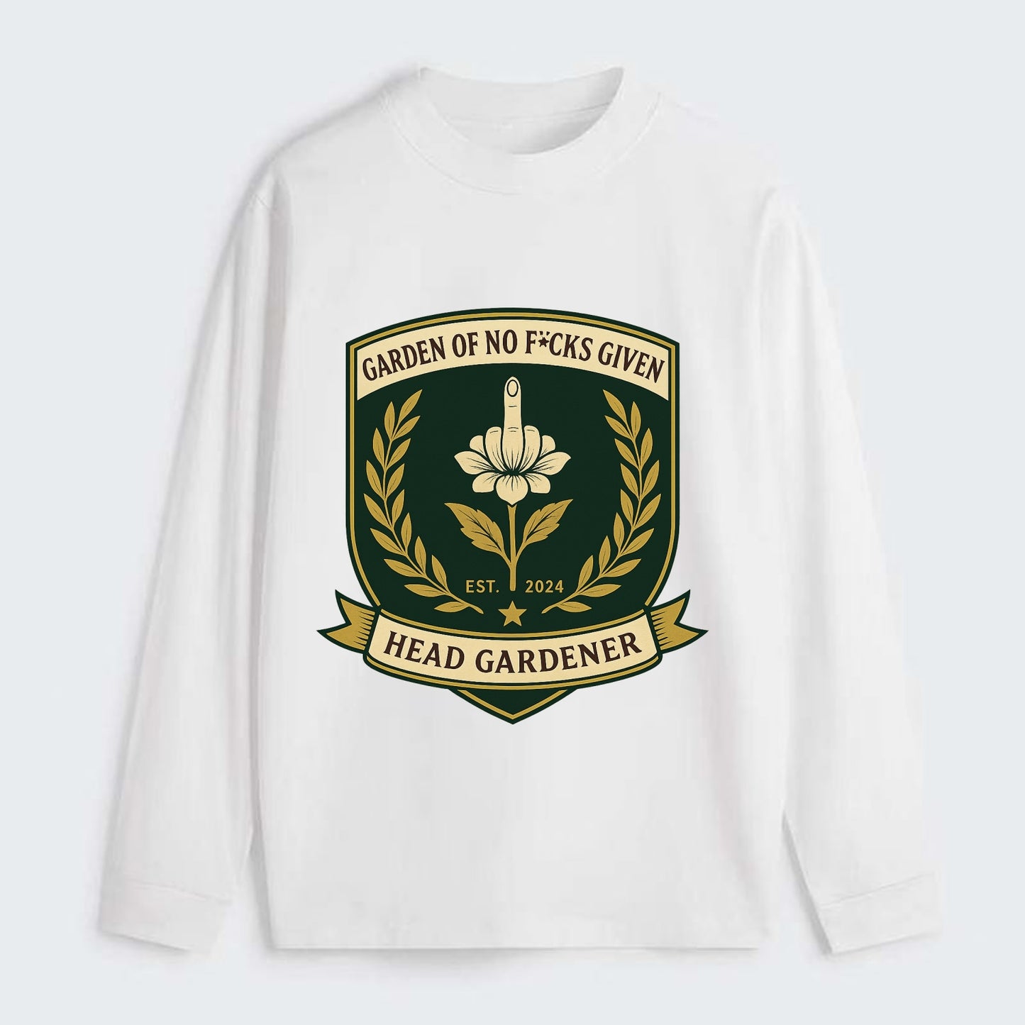 Shield with middle finger flower - "Garden of No F*cks Given - Head - Classic Long Sleeve Shirt - White