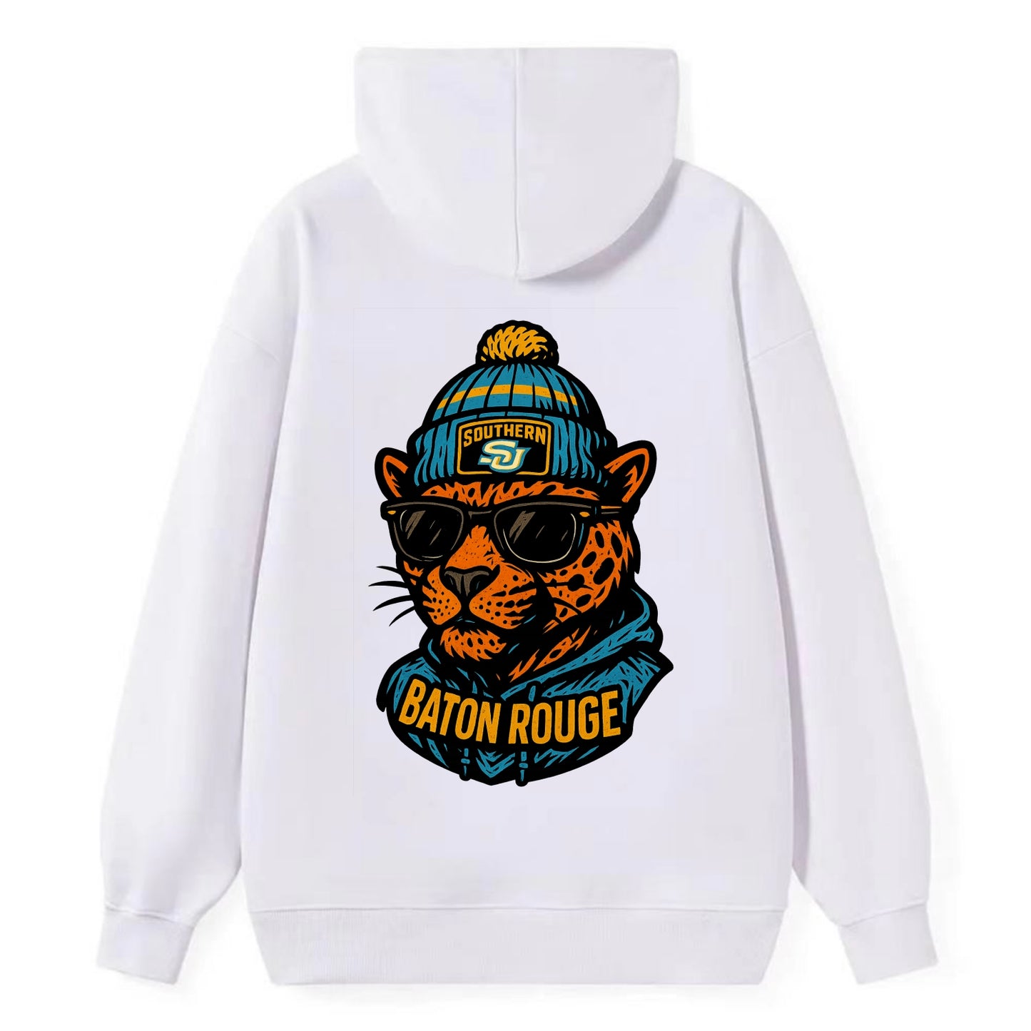 Baton Rouge Jaguar wearing Southern beanie with SU patch - Classic Pullover Hoodie - White