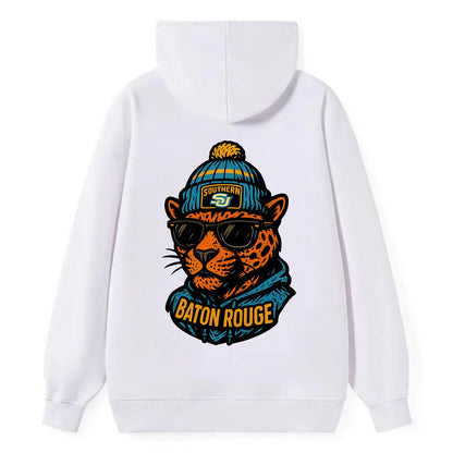 Baton Rouge Jaguar wearing Southern beanie with SU patch - Classic Pullover Hoodie - White