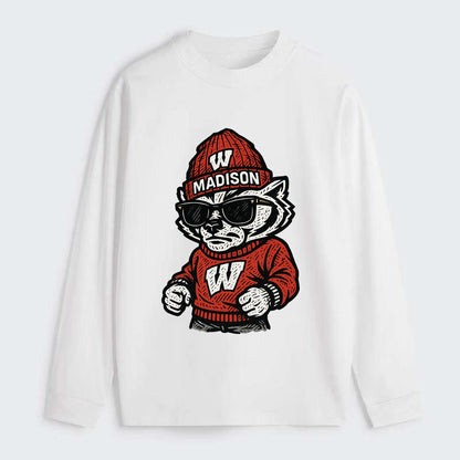 Madison Badger wearing Wisconsin beanie with motion W patch - Classic Long Sleeve Shirt - White