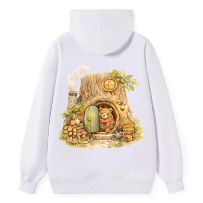 TREE HOME | Bear's home in hollow tree | Round door | Chimney smoke | - Classic Pullover Hoodie - White