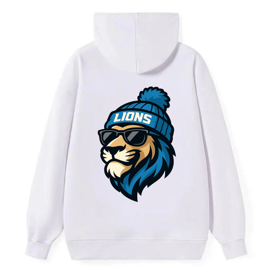 Detroit Lion wearing Lions Honolulu blue and silver beanie with pom pom - Classic Pullover Hoodie - White