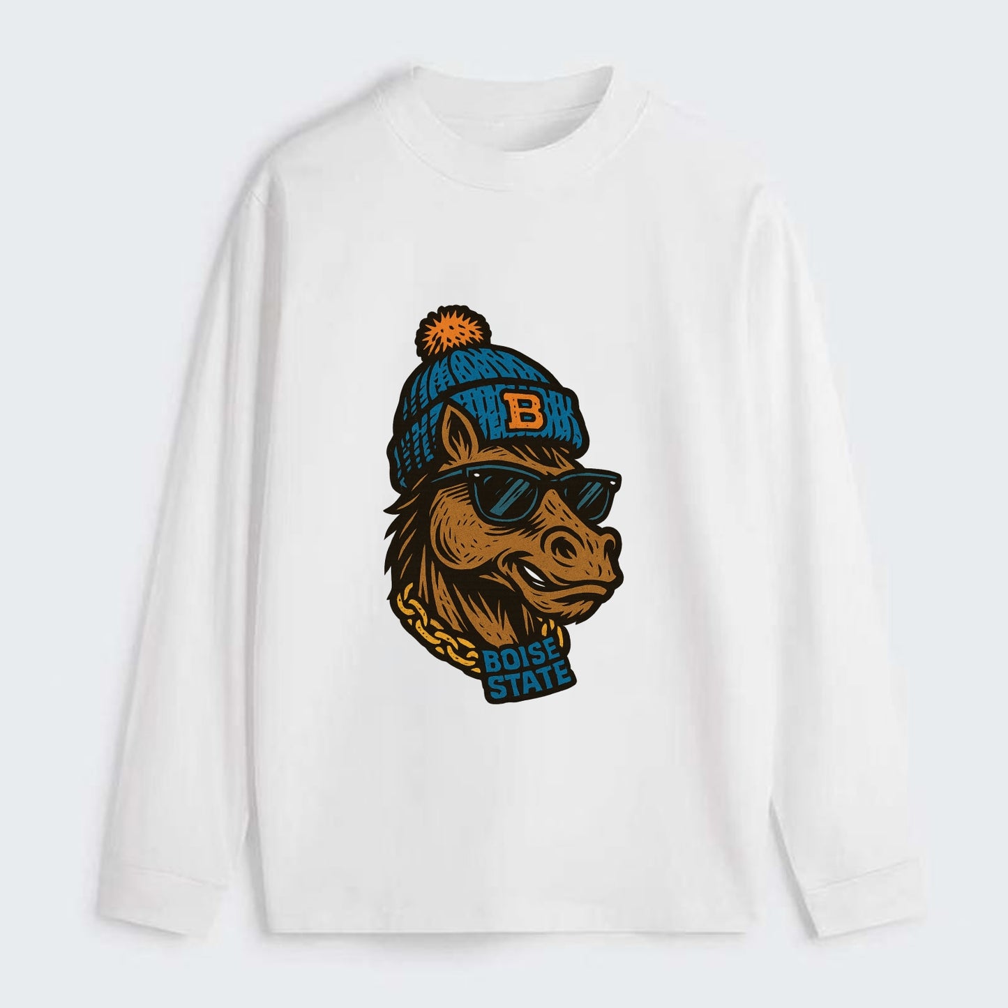 Boise Bronco wearing Boise State beanie with B patch - Classic Long Sleeve Shirt - White
