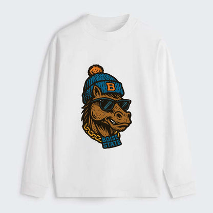 Boise Bronco wearing Boise State beanie with B patch - Classic Long Sleeve Shirt - White