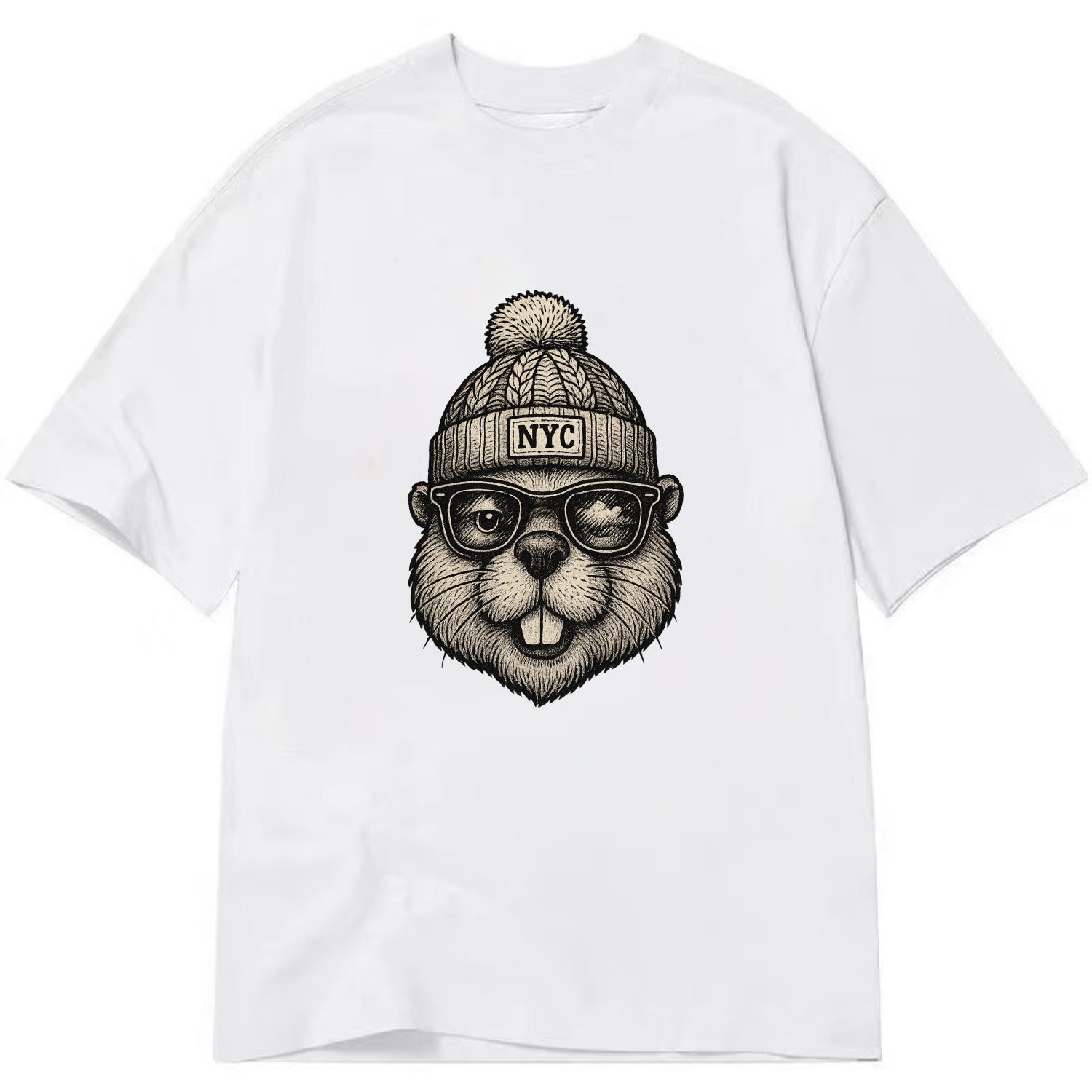 New York Beaver wearing NYC beanie with pom pom and wayfarer sunglasses - Classic T-shirt - White