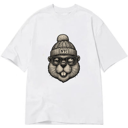 New York Beaver wearing NYC beanie with pom pom and wayfarer sunglasses - Classic T-shirt - White