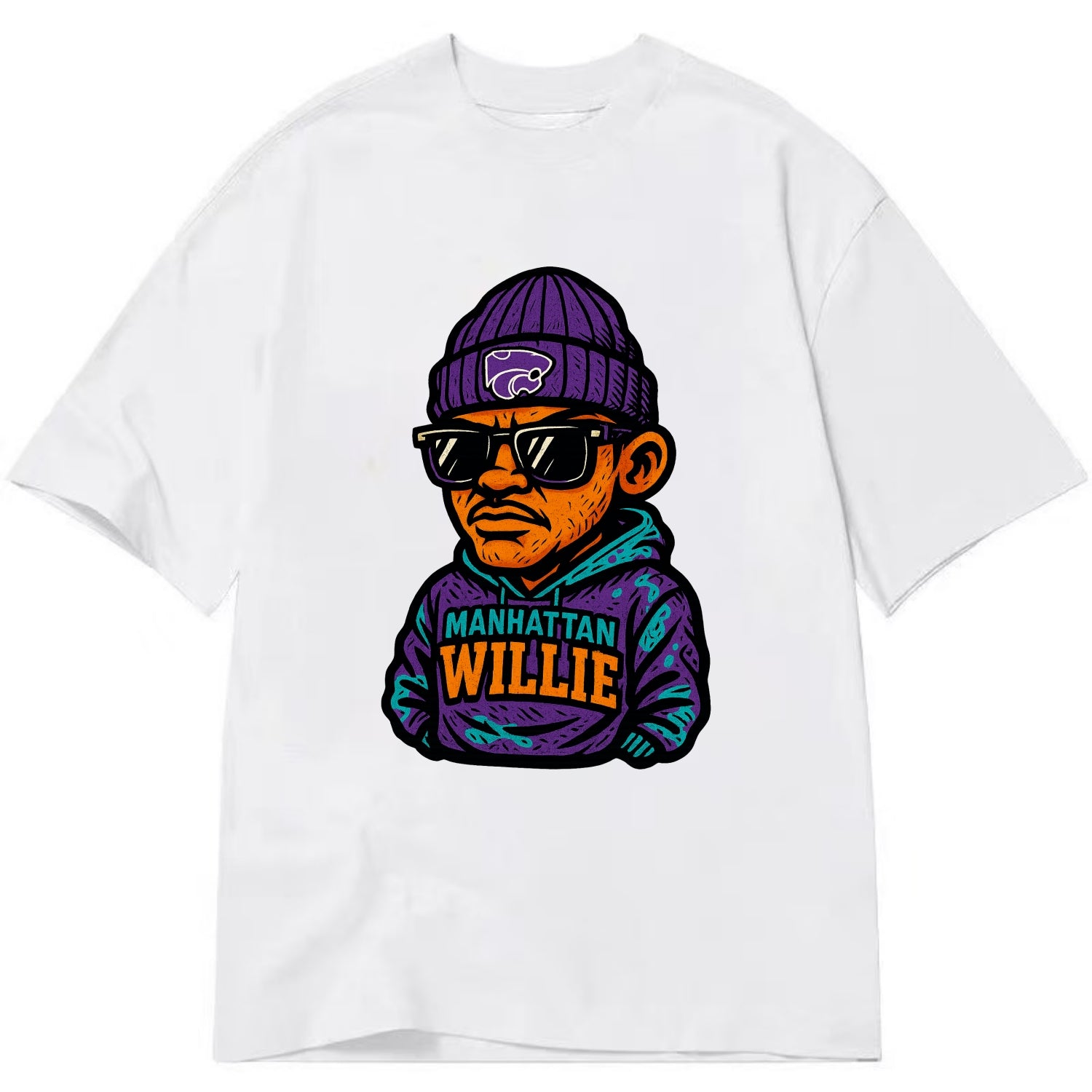 Manhattan Willie wearing Kansas State beanie with powercat patch - Classic T-shirt - White