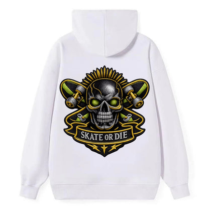 SKATEBOARD SKULL - skull with skateboard in black and neon green , - Classic Pullover Hoodie - White