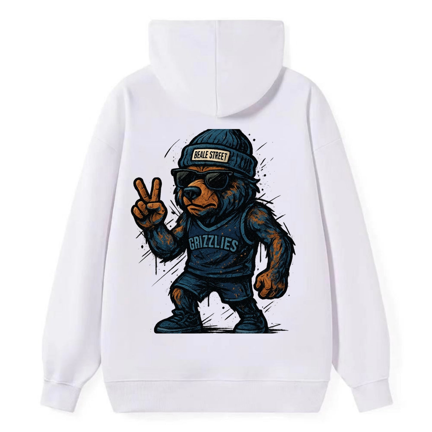 Memphis Grizzly Bear wearing Grizzlies navy and light blue beanie with - Classic Pullover Hoodie - White