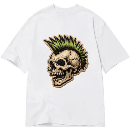 MOHAWK SKULL - punk skull with mohawk in neon green and black , punk rock - Classic T-shirt - White