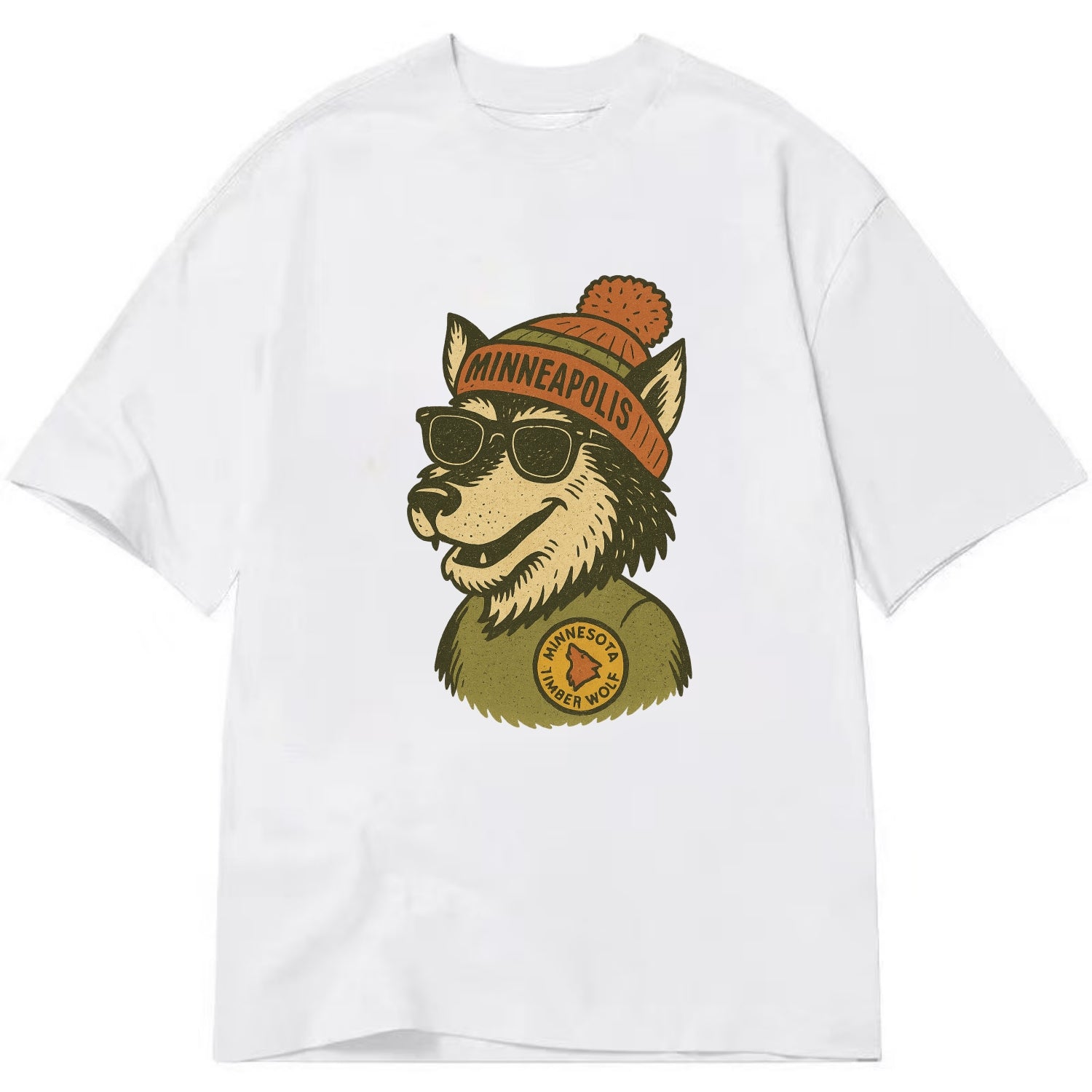 Minnesota Timber Wolf wearing Minneapolis beanie with pom pom and wayfarer - Classic T-shirt - White